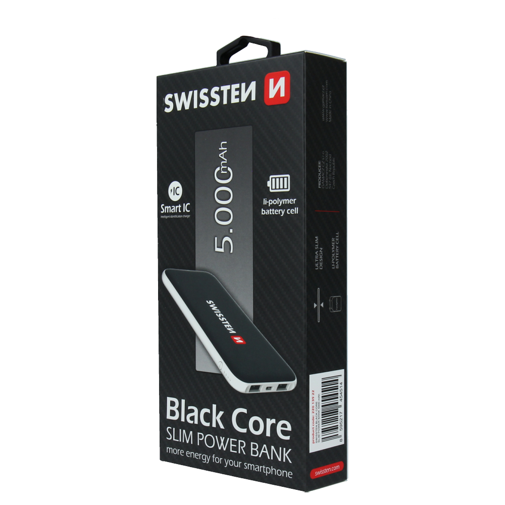 Swissten Black Core Slim Power Bank - 5000 mAh - Black