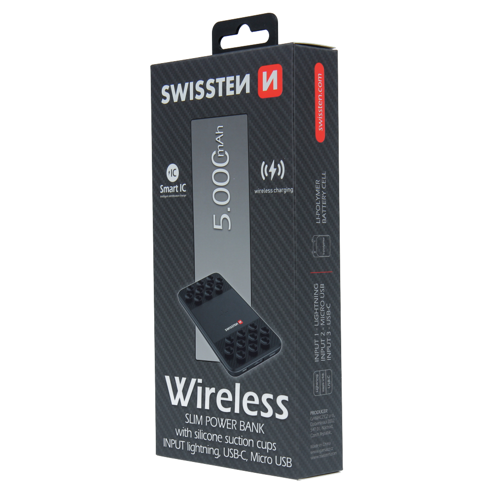 Swissten Wireless Slim Power Bank - 5000 mAh - Black