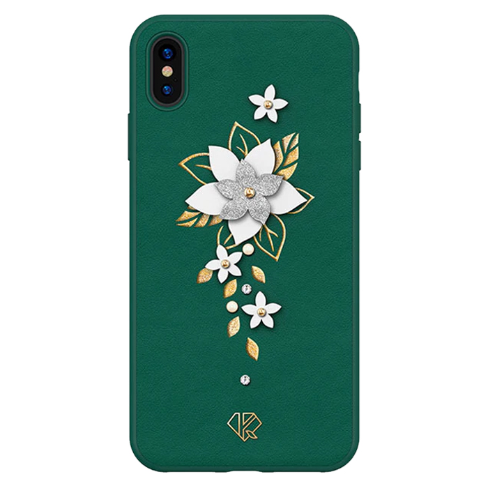 Kingxbar Apple iPhone XS Max - 3D Crystals PU Leather Case - Flower Green