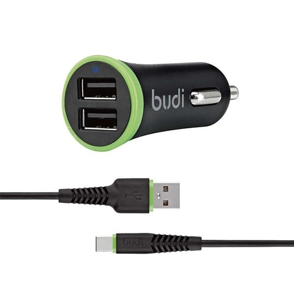 Budi 2 USB Car Charger + Type-C Cable - 1.2m - 2.4A