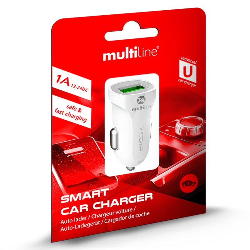 Multiline Smart Car Charger 1 Port - 1A - White