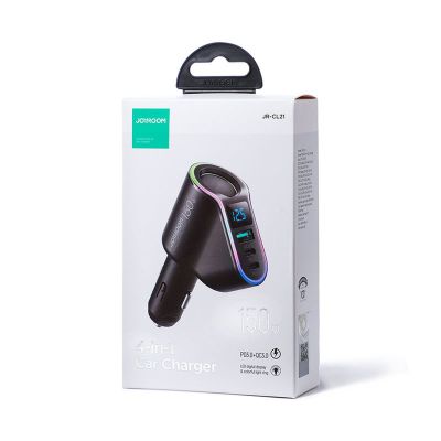 Joyroom Car Charger 4-in-1, Bluetooth Fm Transmitter C+C+U+Cigarette, PD 150W, Black (JR-CL21)