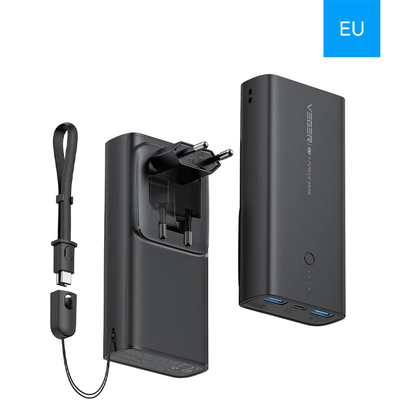 Veger (ACE100) Fast Charging Powerbank Folding EU-Plug - 10.000mAh - Black