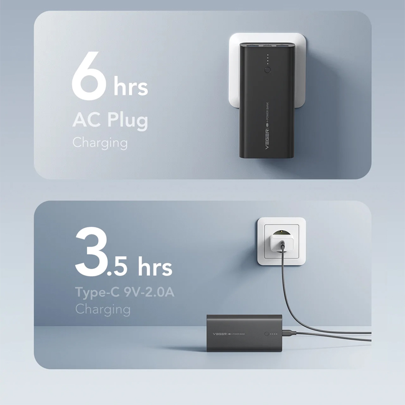 Veger (ACE100) Fast Charging Powerbank Folding EU-Plug - 10.000mAh - Black