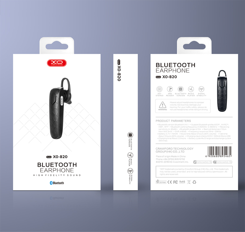 XO Mini Single Bluetooth Headset - BS20 - Black