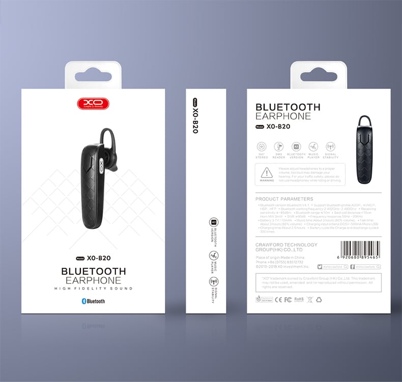 XO Mini Single Bluetooth Headset - BS20 - Black